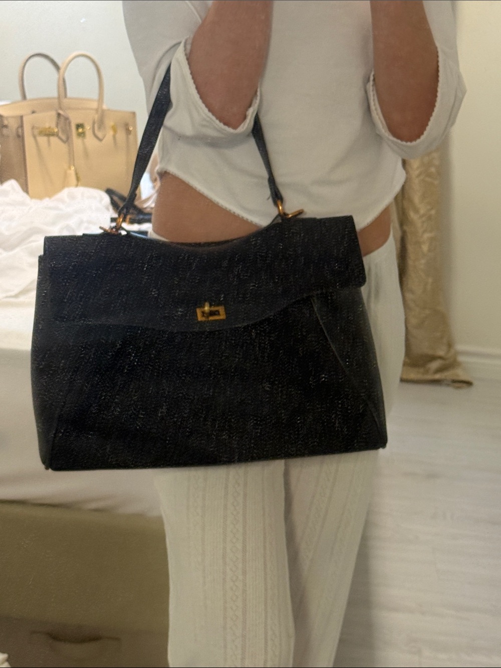 Vintage Black Satchel with Gold Turn-Lock - Picture 2 of 6